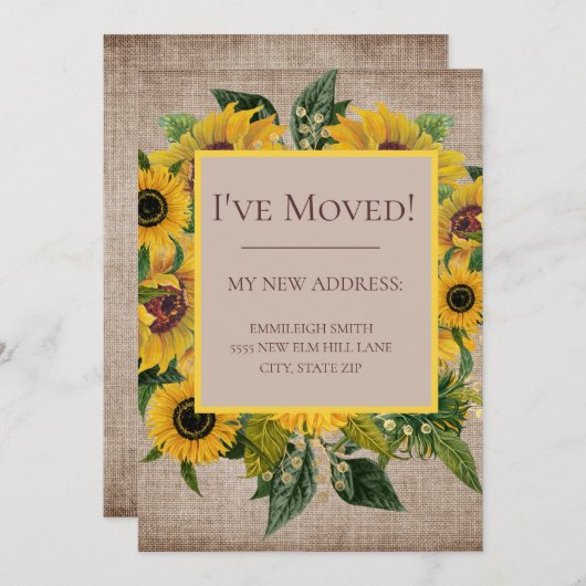 Adres Sunflower Burlap Moving Change Bedankkaart (Voorkant / Achterkant)