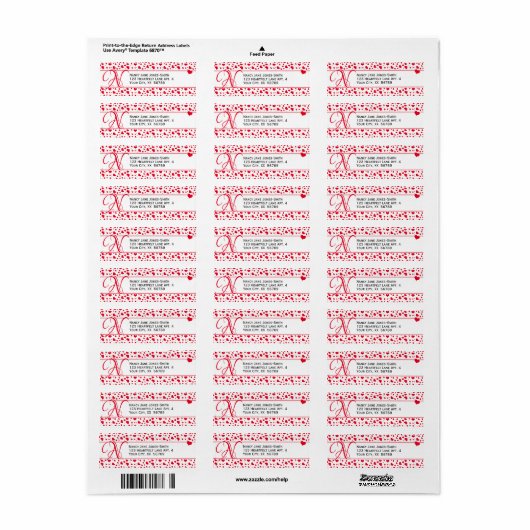 Adres Valentijn Red Hearts Random Pattern Etiket (Full Sheet)