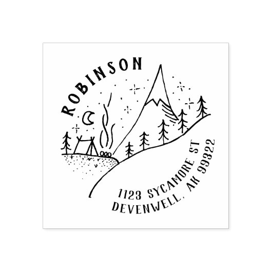 Adres van de Campfire & Sterrennacht van Mountain Rubberstempel (Afrduk)