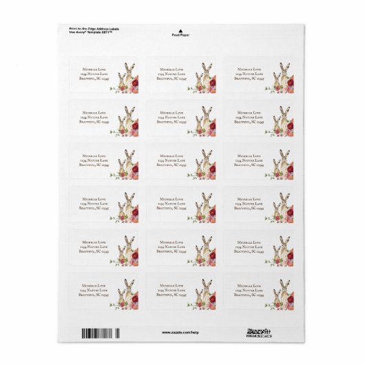  adres van Peony Flowers en Bunny Rabbits Etiket (Full Sheet)