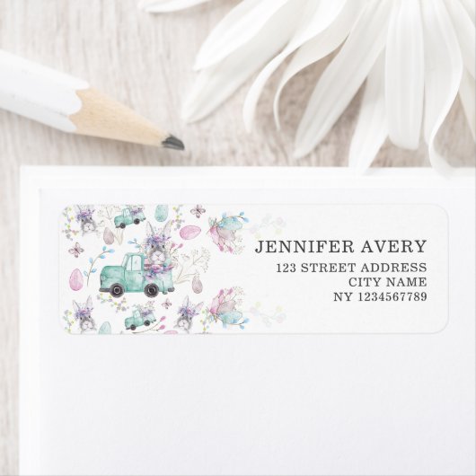 Adres van Truck Bunny Easter Waterverf Etiket (Insitu)