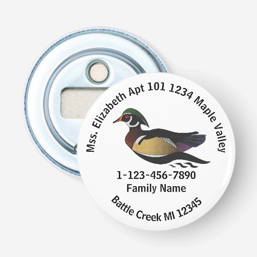 Adres verloren hout Duck Button Flesopener (Voorkant)