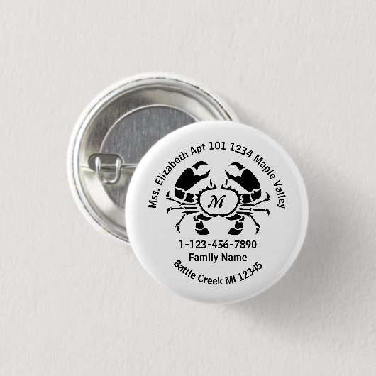 Adres verloren krab monogram ronde button 3,2 cm (Voorkant /achterkant)
