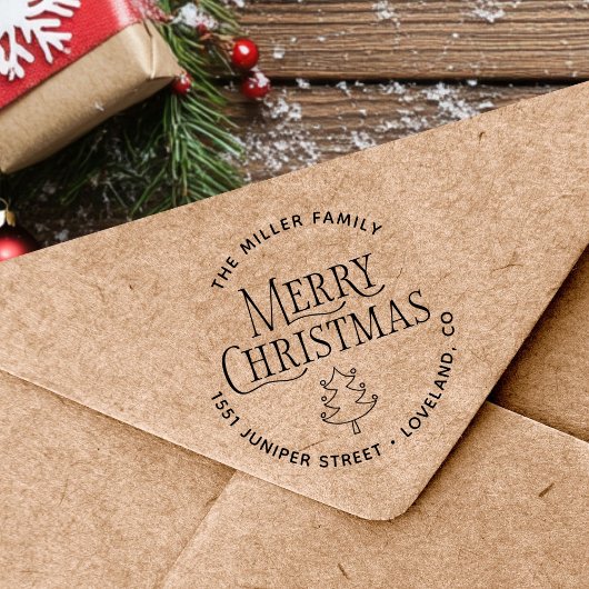 Adres voor retourzending met prettige kerstbomen zelfinktende stempel