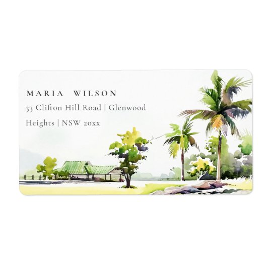 Adres Waterverf Tropical Coastal Palm Trees Etiket (Voorkant)