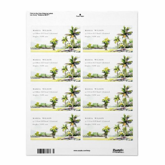 Adres Waterverf Tropical Coastal Palm Trees Etiket (Full Sheet)