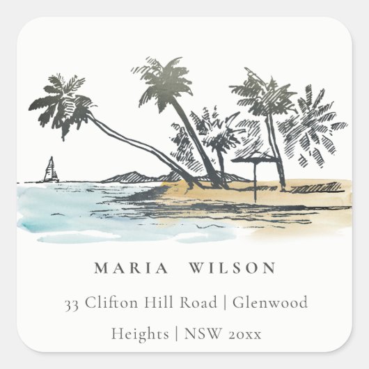 Adres Waterverf Tropische beugel handpalm boomsche Vierkante Sticker (Voorkant)