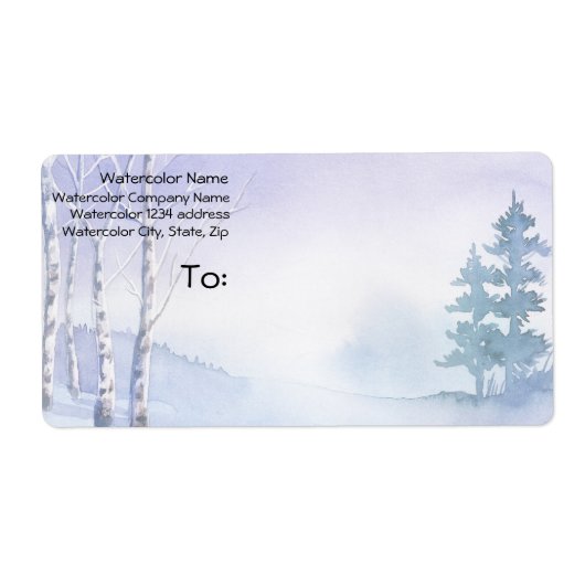 Adres waterverf Winter Birch Pine Trees Etiket (Voorkant)