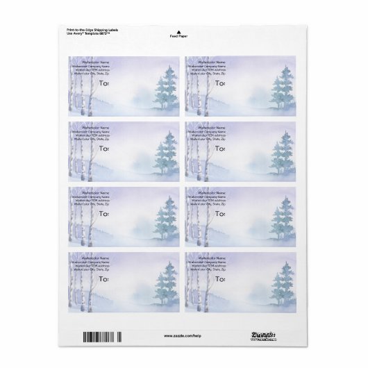 Adres waterverf Winter Birch Pine Trees Etiket (Full Sheet)