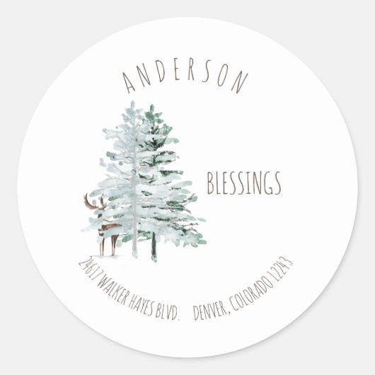 Adres waterverf Woodland Trees & Deer Blessings Ronde Sticker (Voorkant)