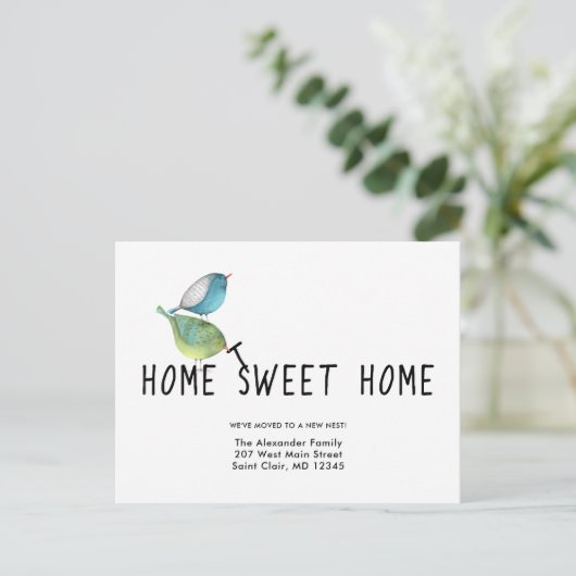 Adres wijzigen Schattige Birds Home Sweet Home Aankondigingskaart (Staand voorkant)