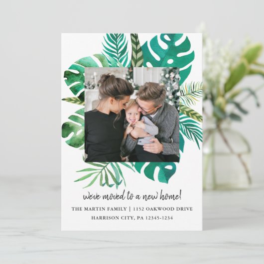 Adres wijzigen Tropical Leaves Foto Aankondiging (Staand voorkant)