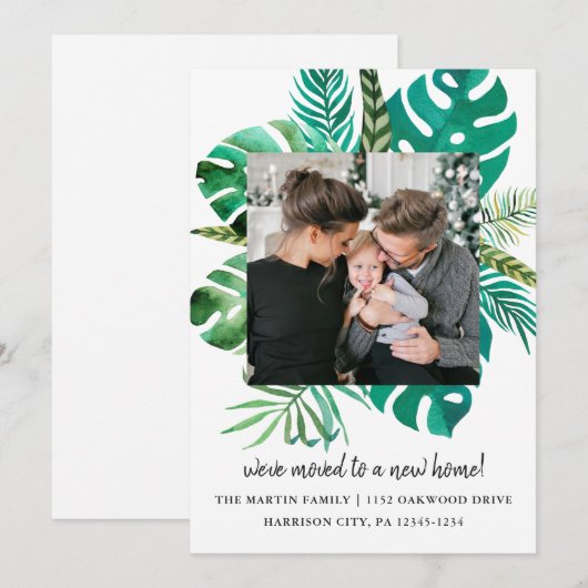 Adres wijzigen Tropical Leaves Foto Aankondiging (Voorkant / Achterkant)