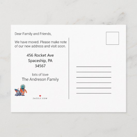 Adres wijzigen We hebben ruimteschip uitgeschakeld Aankondigingskaart (Achterkant)