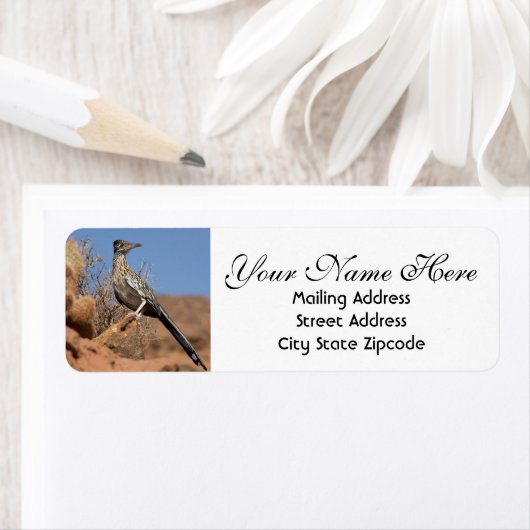 Adres woestijnroadrunner etiket (Insitu)