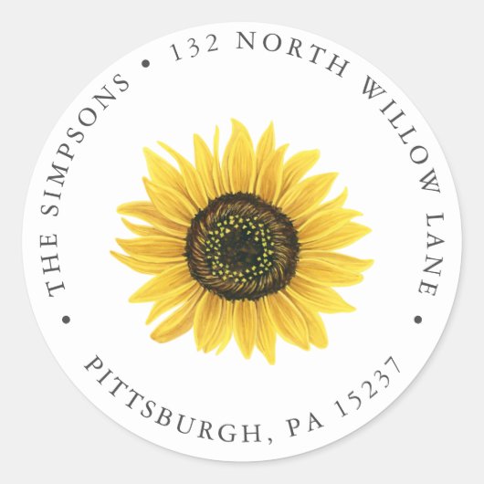 Adres zonnebloem ronde sticker (Voorkant)