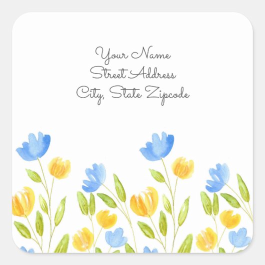 adresetiketten "Gebied van de Gele Blauwe Bloemen" Vierkante Sticker (Voorkant)