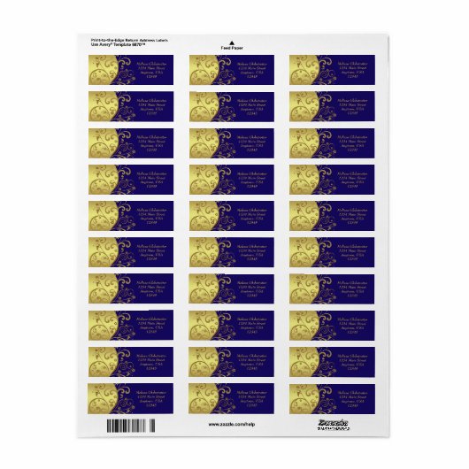 Adresetiketten—Gouden Swirls & Donkerblauw Etiket (Full Sheet)