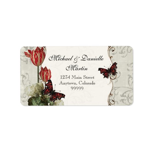 Adresetiketten - Grey n Cream Red Tulip Damask Etiket (Voorkant)