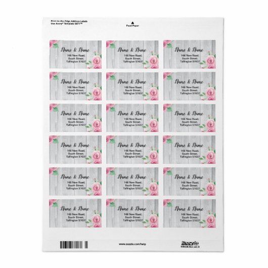 Adresetiketten Houtbloem Bloemen Roze Rozen Etiket (Full Sheet)