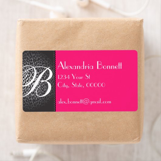 Adresetiketten van luipaard en warmroze monogram etiket (Insitu)