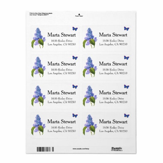 Adresetiketten voor lila en vlinder etiket (Full Sheet)