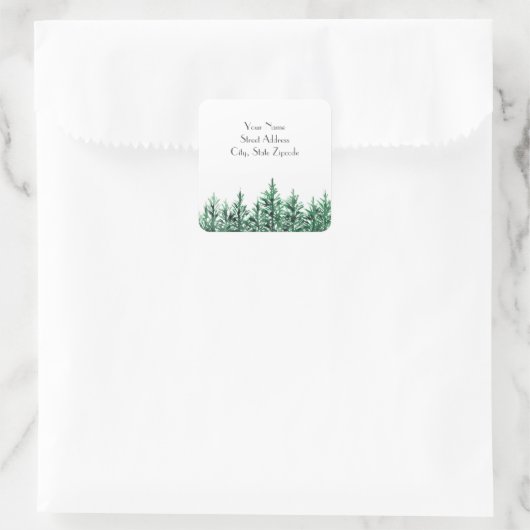 adresetiketten "Waterverf Pine Trees" Vierkante Sticker (Tas)