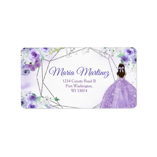 Adreslabel Quinceañera 15 Anos Silver Paarse Etiket (Voorkant)