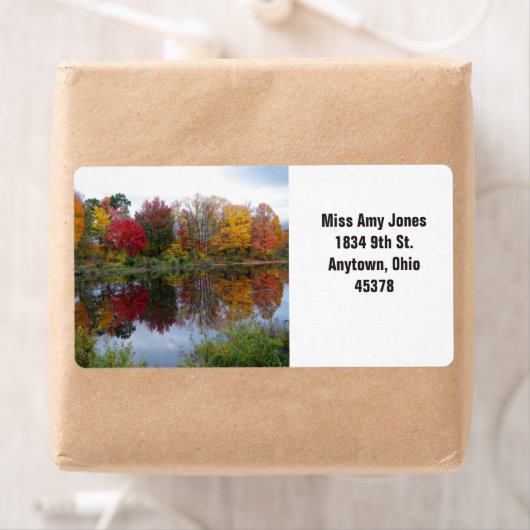 Adreslabel, retour, herfst bomen op het water. etiket (Insitu)