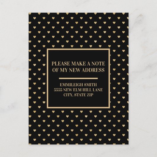 Adreswijziging Elegante Zwarte Gouden Harten Briefkaart (Voorkant)