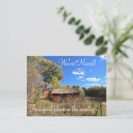 Adreswijziging, oude houten cabine aankondigingskaart (Staand voorkant)