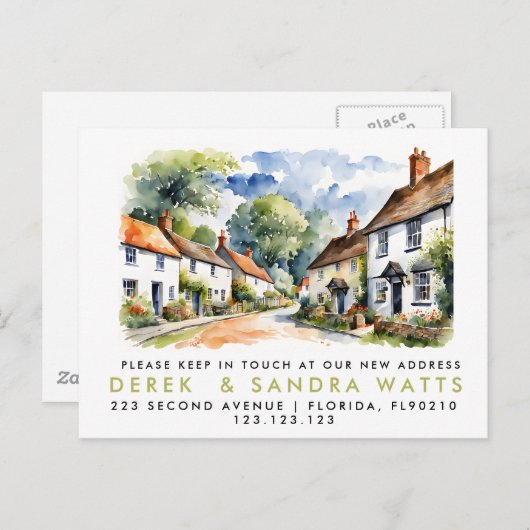 adreswijziging, verhuisd bericht dorp aankondigingskaart (Voorkant / Achterkant)