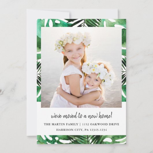 Adreswijziging Waterverf Green Leaves Foto Aankondiging (Voorkant)