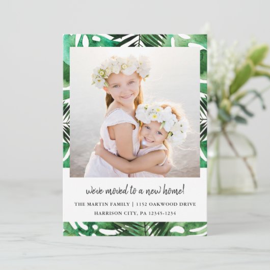 Adreswijziging Waterverf Green Leaves Foto Aankondiging (Staand voorkant)