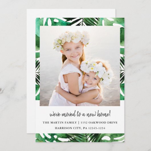 Adreswijziging Waterverf Green Leaves Foto Aankondiging (Voorkant / Achterkant)