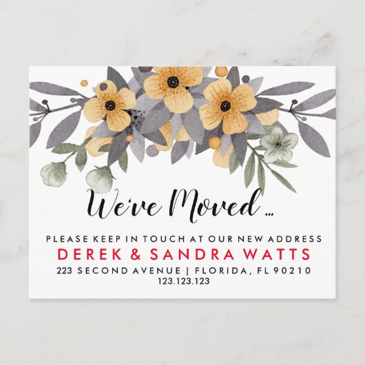 Adreswijziging We hebben grijze en gele bloemen ve Aankondigingskaart (Voorkant)