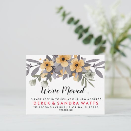 Adreswijziging We hebben grijze en gele bloemen ve Aankondigingskaart (Staand voorkant)
