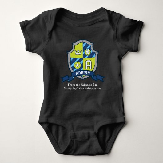 Adrian boys A name & betekenend knights shield Romper (Voorkant)