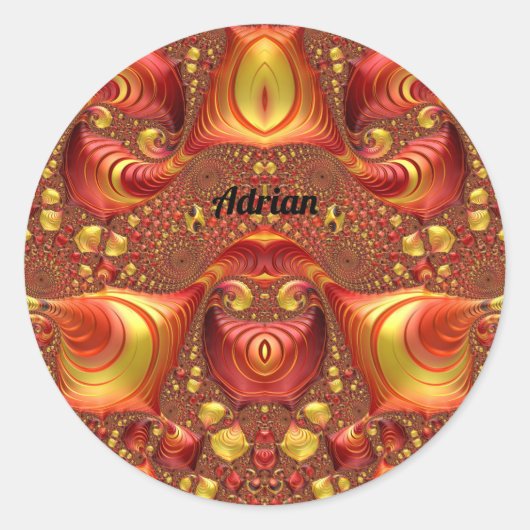 ADRIAN ~ Rood Bruin Geel Fractal Design ~ Ronde Sticker (Voorkant)