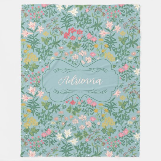 Adrienna Blue Art Nouveau Bloemenveld Fleece Deken (Voorkant)
