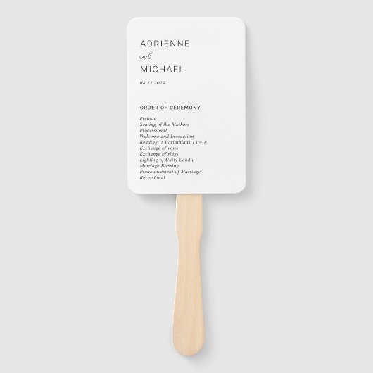 Adrienne eenvoudig modern huwelijksprogramma handwaaier (Voorkant)