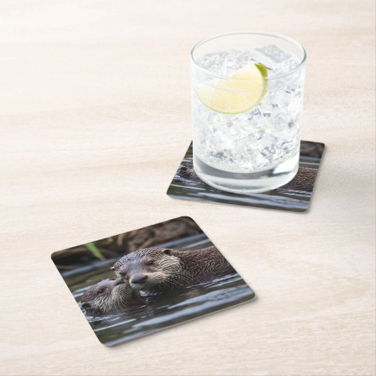 **"Adrift in Love: Mummy en Baby Otter"** Kartonnen Onderzetters (Insitu)