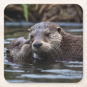 **"Adrift in Love: Mummy en Baby Otter"** Kartonnen Onderzetters
