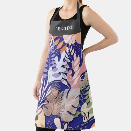 Adult Apron : Abstract Leaves (blue) & Text Bar Schort (Insitu)