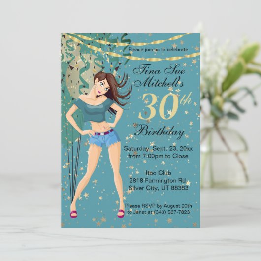 Adult Birthday Party Meisje in Blauwgroen Blauw Kaart (Staand voorkant)