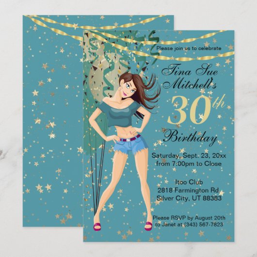 Adult Birthday Party Meisje in Blauwgroen Blauw Kaart (Voorkant / Achterkant)
