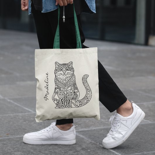 Adult Color Cat Mandala Monogram Tote Bag