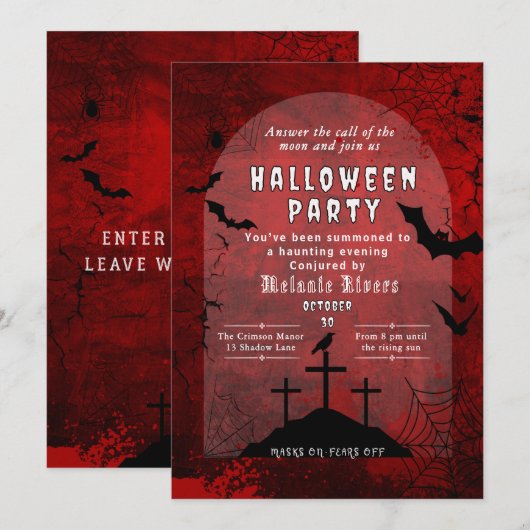 Adult Halloween Party Invitation - Red & Black Kaart (Voorkant / Achterkant)