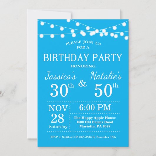 Adult Joint Birthday Party Invitation Blue Kaart (Voorkant)