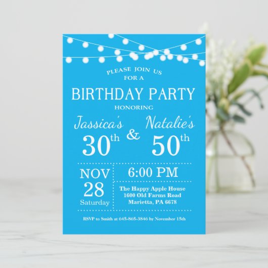 Adult Joint Birthday Party Invitation Blue Kaart (Staand voorkant)